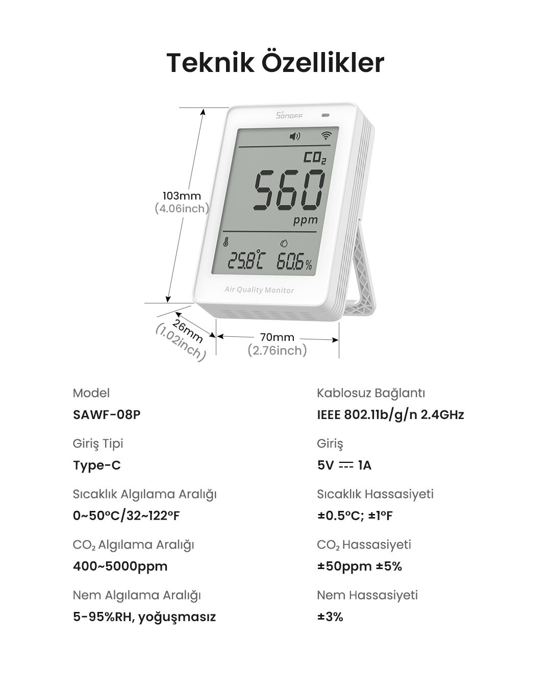 AirGuard CO2 Matter Akıllı Hava Kalitesi Ölçüm Cihazı | SAWF-08P