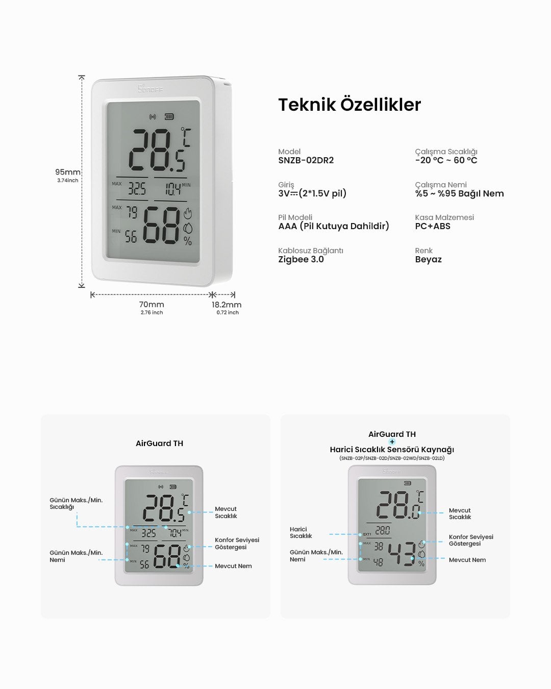SONOFF AirGuard LCD Ekranlı Zigbee Akıllı Sıcaklık ve Nem Sensörü | SNZB-02DR2