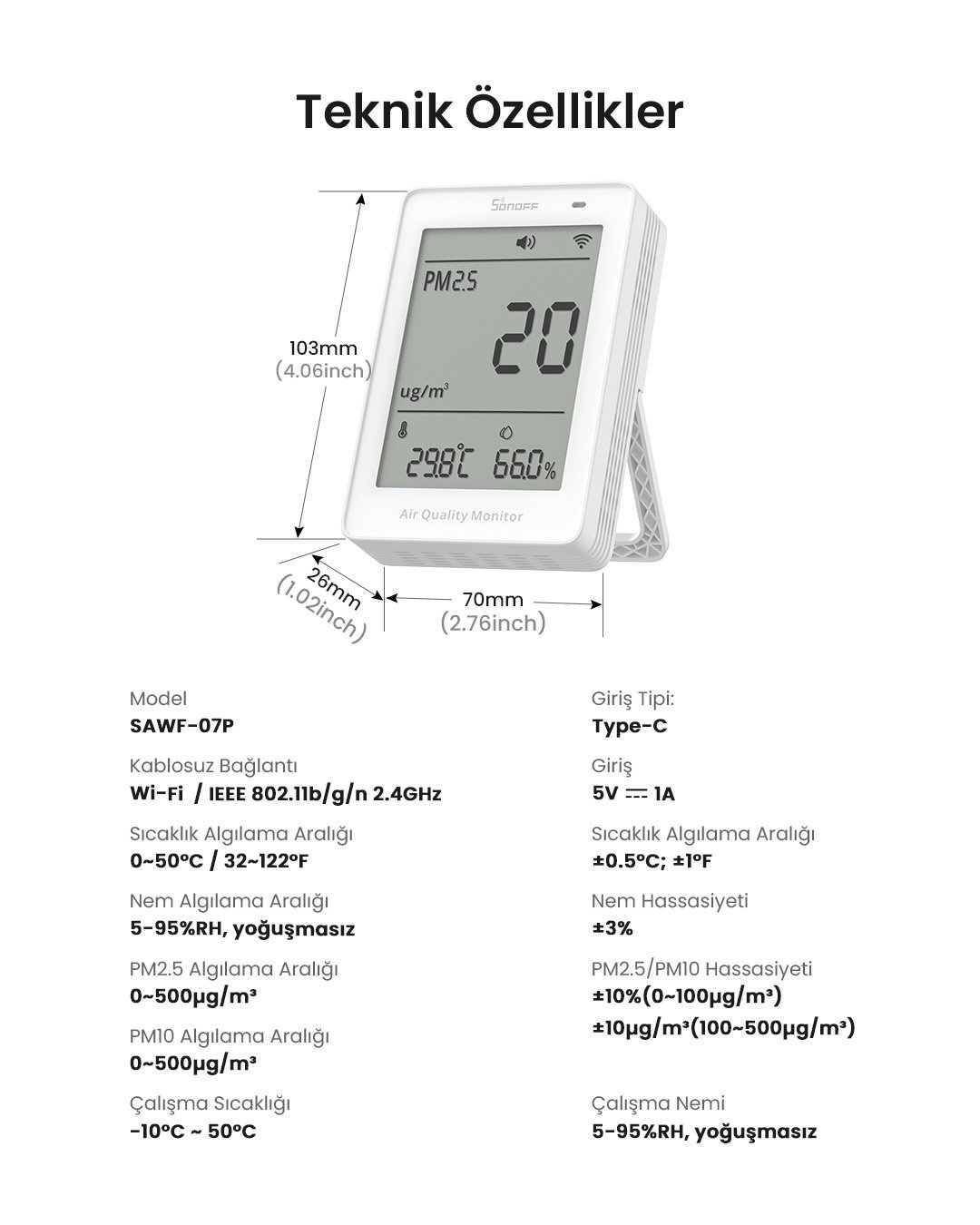 SONOFF AirGuard PM2.5/PM10 Matter Akıllı Hava Kalitesi Ölçüm Cihazı | SAWF-07P