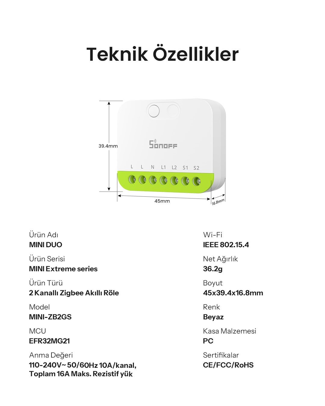 SONOFF Mini-ZB2GS Duo ZigBee 2 Kanallı Akıllı Röle