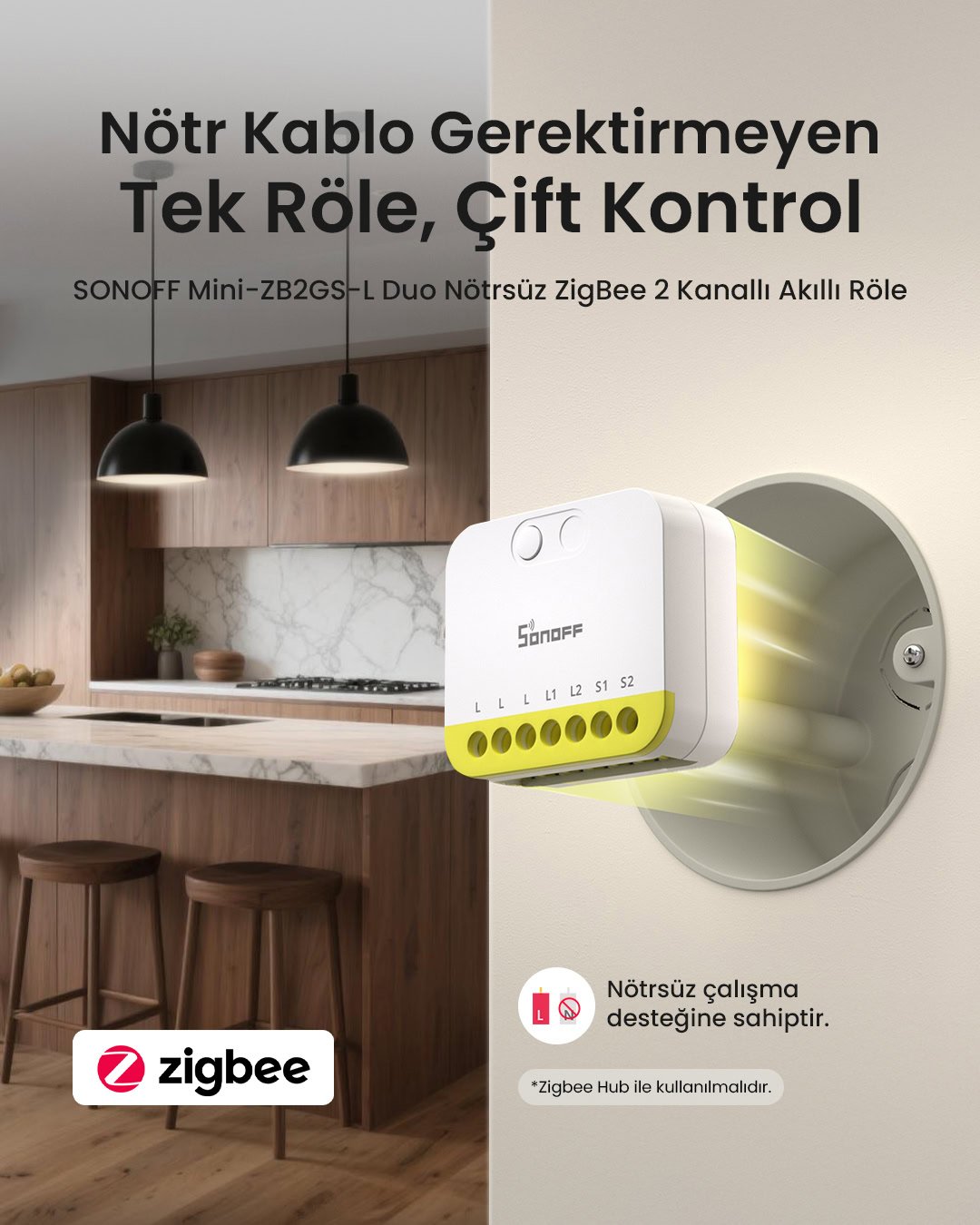 SONOFF Mini-ZB2GS-L Duo Nötrsüz ZigBee 2 Kanallı Akıllı Röle 