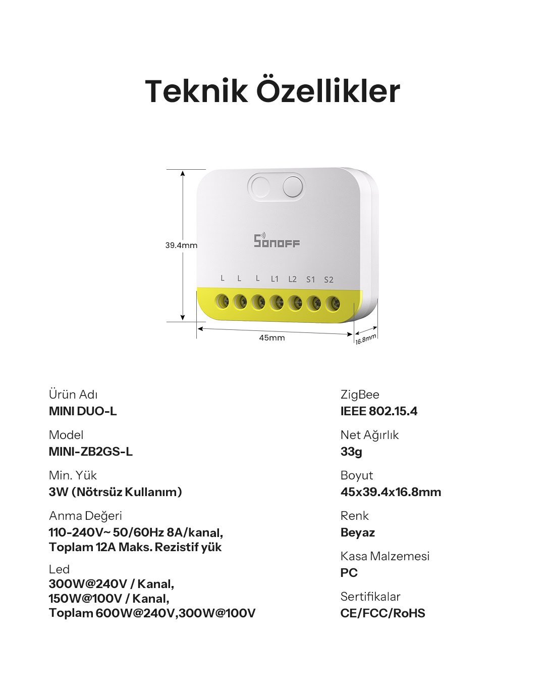 SONOFF Mini-ZB2GS-L Duo Nötrsüz ZigBee 2 Kanallı Akıllı Röle 