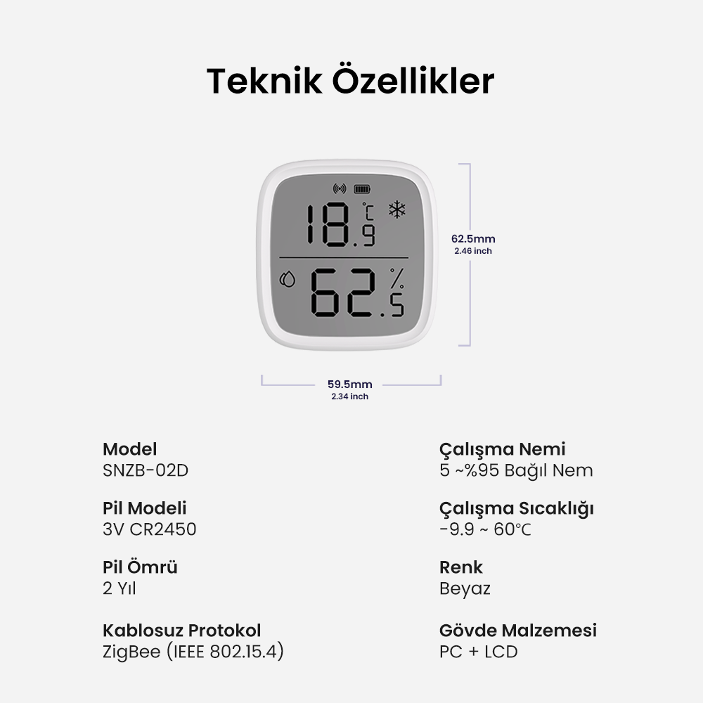 SONOFF SNZB-02D ZigBee LCD Ekranlı Akıllı Sıcaklık ve Nem Sensörü
