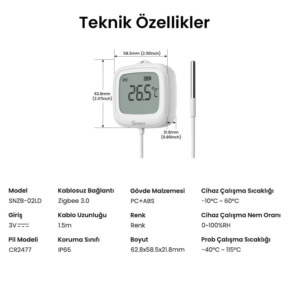 SONOFF SNZB-02LD ZigBee IP65 LCD Ekranlı Problu Akıllı Sıcaklık Sensörü