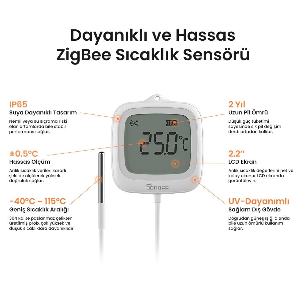 SONOFF SNZB-02LD ZigBee IP65 LCD Ekranlı Problu Akıllı Sıcaklık Sensörü