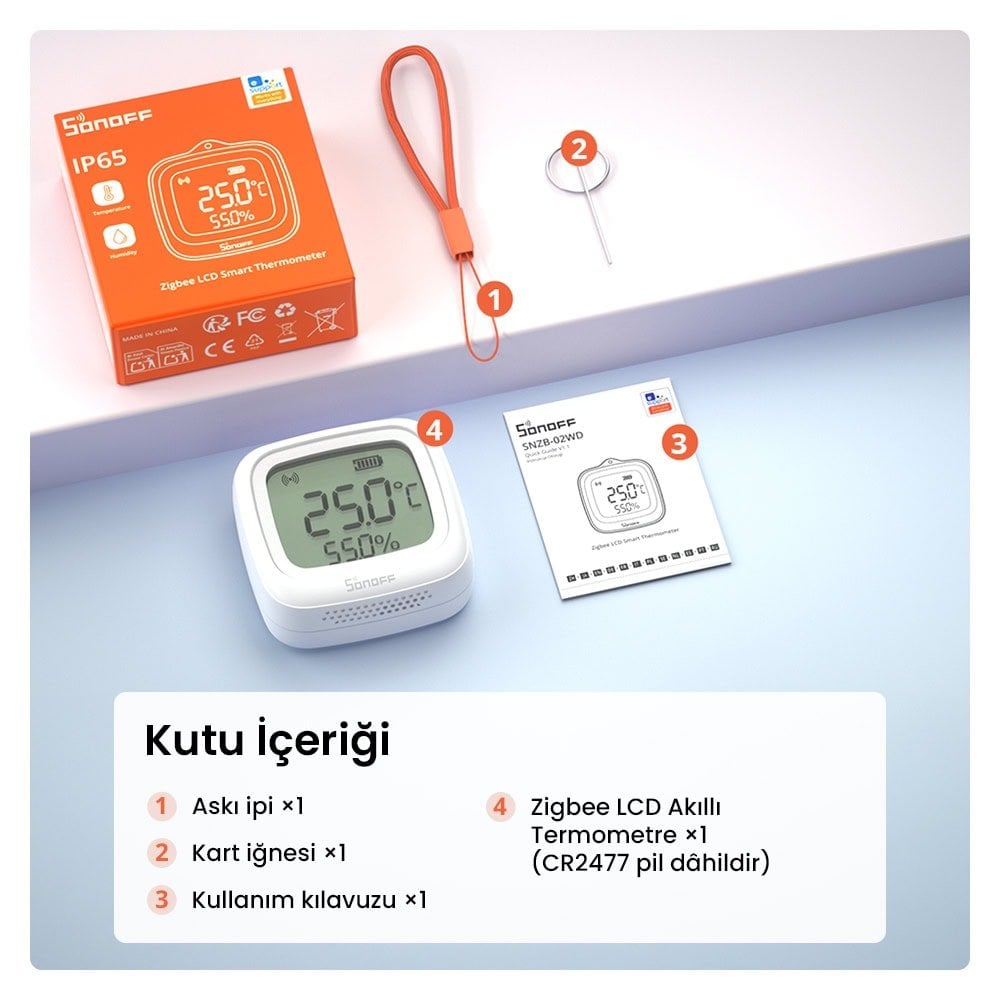 SONOFF SNZB-02WD ZigBee IP65 LCD Ekranlı Akıllı Sıcaklık ve Nem Sensörü 