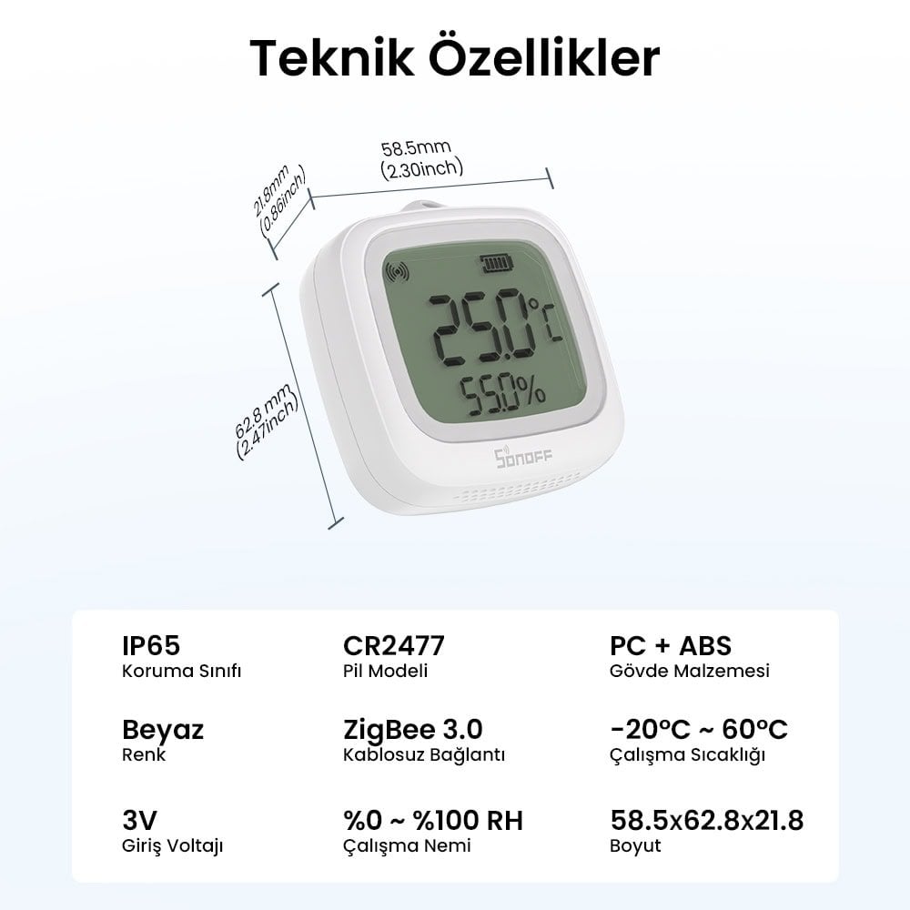 SONOFF SNZB-02WD ZigBee IP65 LCD Ekranlı Akıllı Sıcaklık ve Nem Sensörü 