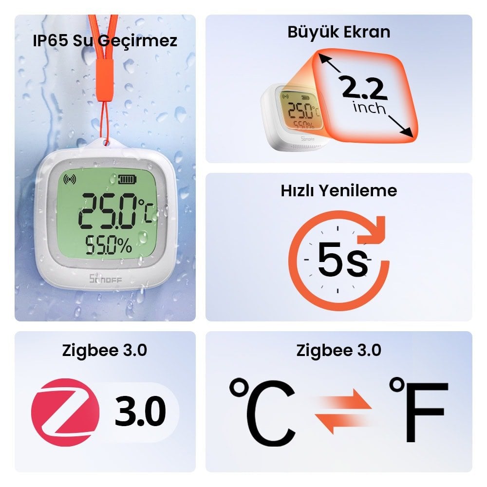 SONOFF SNZB-02WD ZigBee IP65 LCD Ekranlı Akıllı Sıcaklık ve Nem Sensörü 
