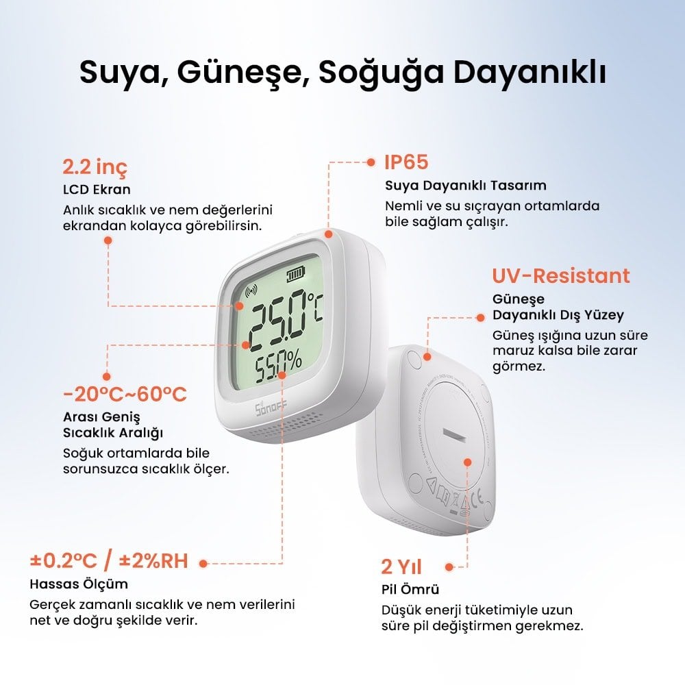 SONOFF SNZB-02WD ZigBee IP65 LCD Ekranlı Akıllı Sıcaklık ve Nem Sensörü 