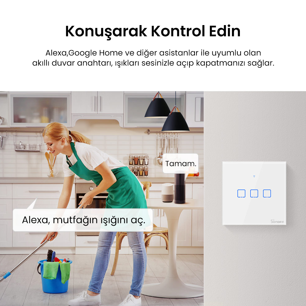 SONOFF T0EU3C 3 Kanallı Akıllı Dokunmatik Duvar Anahtarı